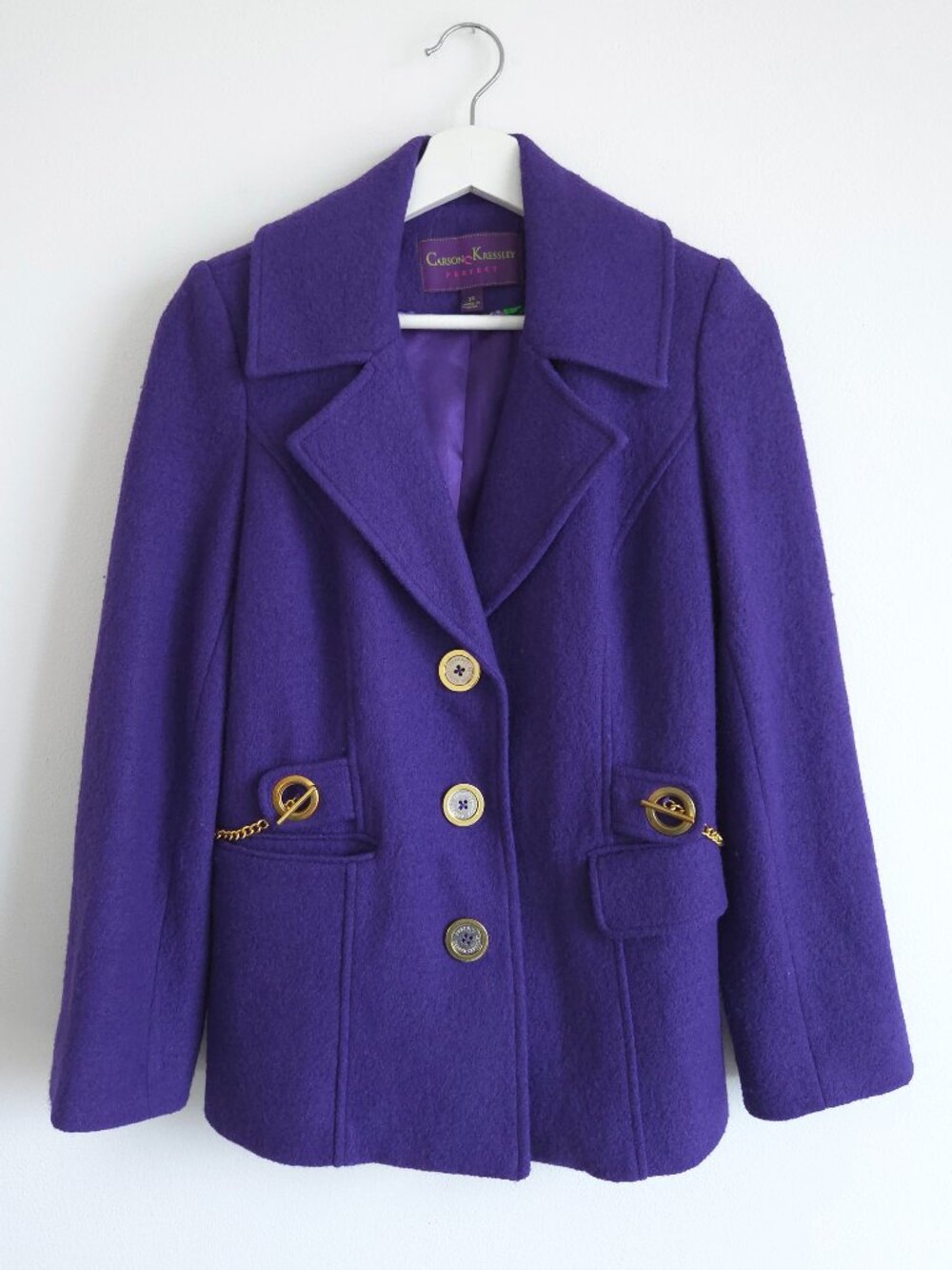 Retro Purple Wool Blend Metal Accent Pea Coat